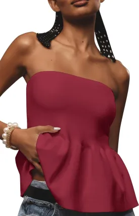 Lauweion Womens Strapless Peplum Top Flowy Slim Fit Casual Ruffle Hem Babydoll Bandeau Summer Knit Tube Tops