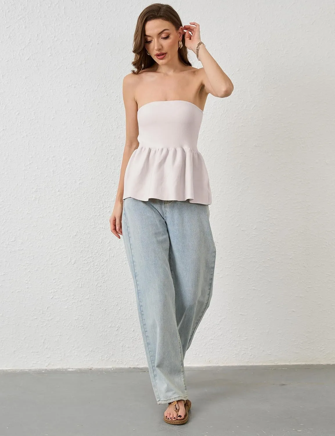 Lauweion Womens Strapless Peplum Top Flowy Slim Fit Casual Ruffle Hem Babydoll Bandeau Summer Knit Tube Tops