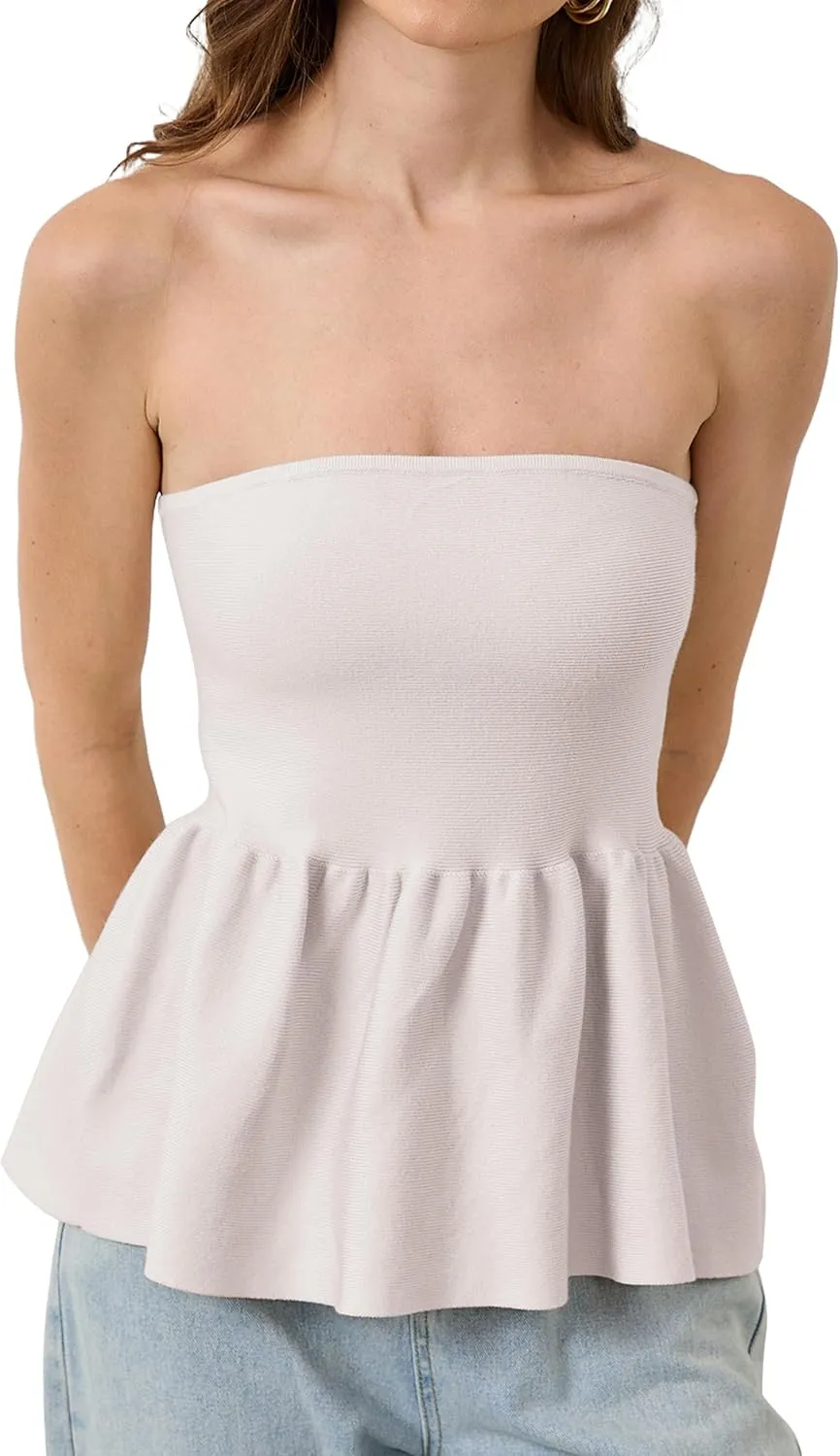 Lauweion Womens Strapless Peplum Top Flowy Slim Fit Casual Ruffle Hem Babydoll Bandeau Summer Knit Tube Tops