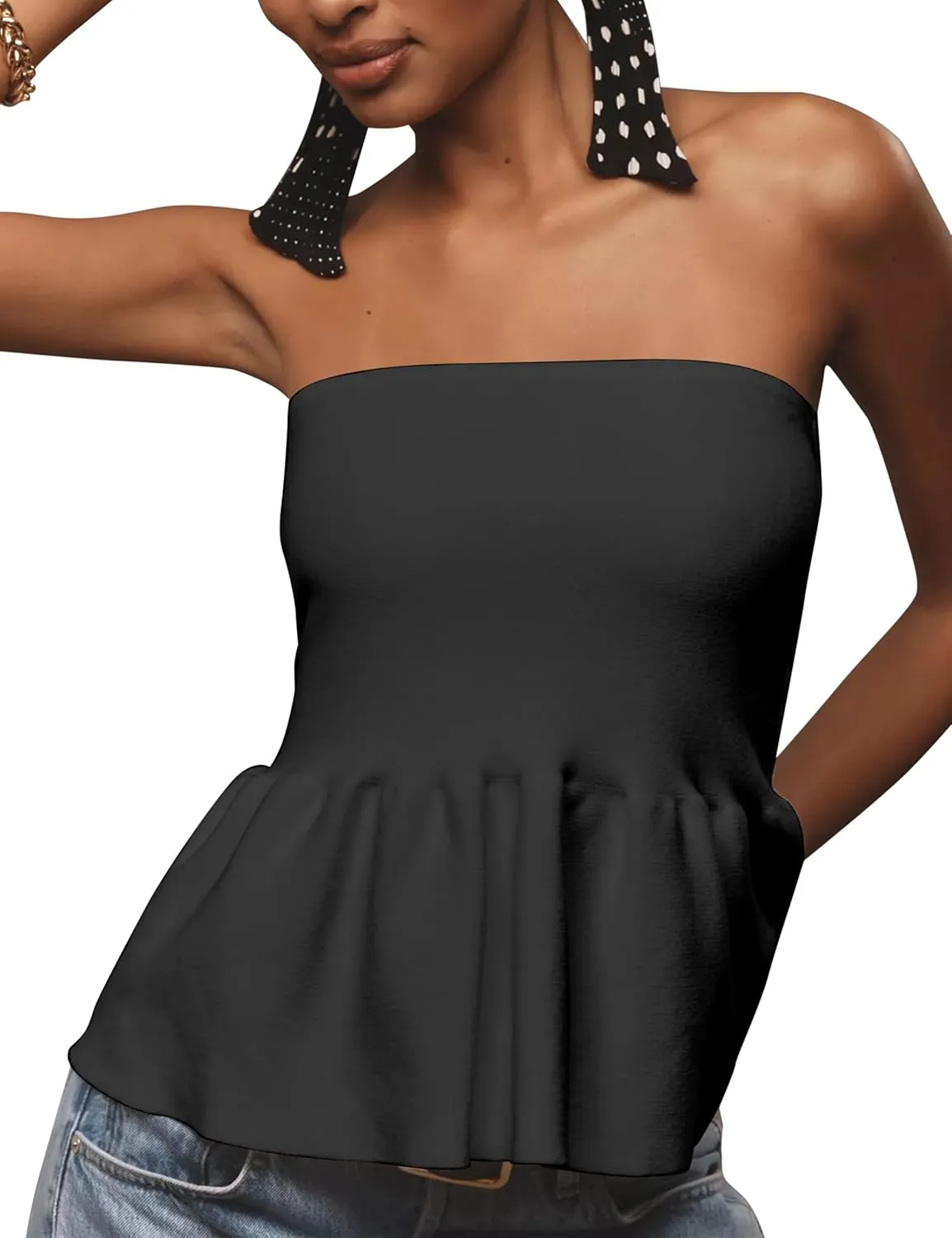 Lauweion Womens Strapless Peplum Top Flowy Slim Fit Casual Ruffle Hem Babydoll Bandeau Summer Knit Tube Tops