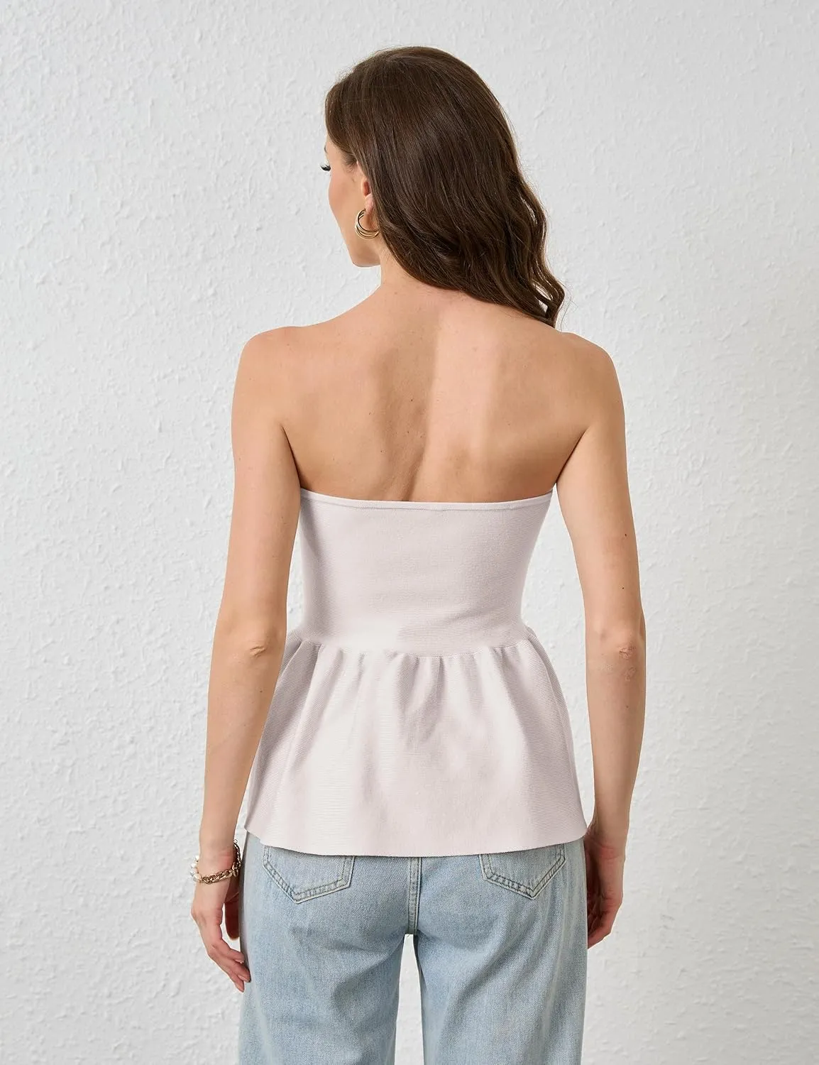 Lauweion Womens Strapless Peplum Top Flowy Slim Fit Casual Ruffle Hem Babydoll Bandeau Summer Knit Tube Tops