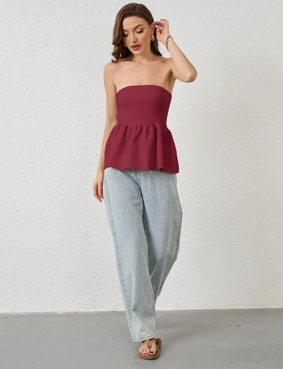 Lauweion Womens Strapless Peplum Top Flowy Slim Fit Casual Ruffle Hem Babydoll Bandeau Summer Knit Tube Tops