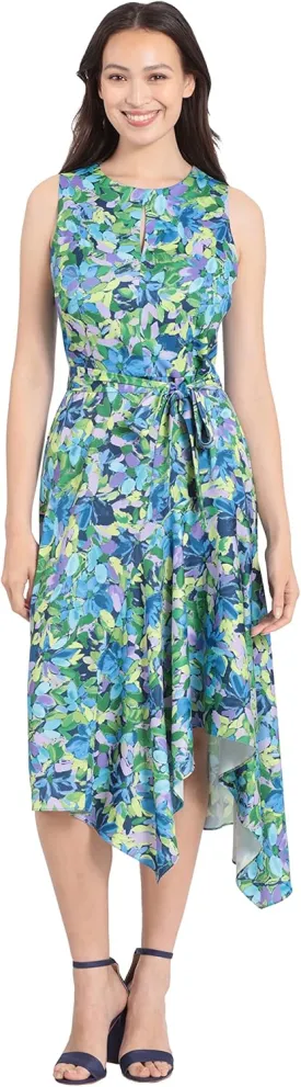 London Times Women's Petite Jewel Neck Keyhole Asymmetrical Hanky Hem Dress Guest of Wedding Church Easter Brunch