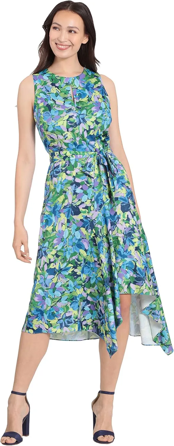 London Times Women's Petite Jewel Neck Keyhole Asymmetrical Hanky Hem Dress Guest of Wedding Church Easter Brunch