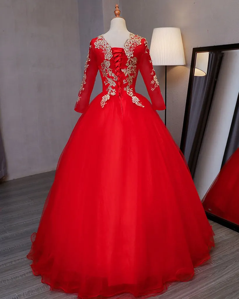 Long Sleeve Red Puffy Sweet 15 Dress Quinceanera Dress,21121302