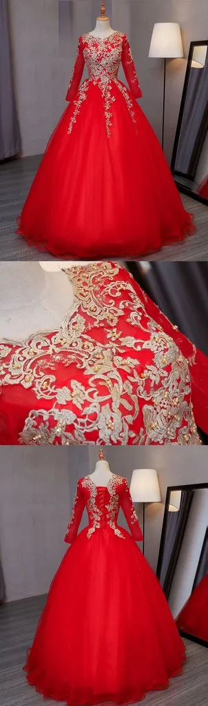 Long Sleeve Red Puffy Sweet 15 Dress Quinceanera Dress,21121302