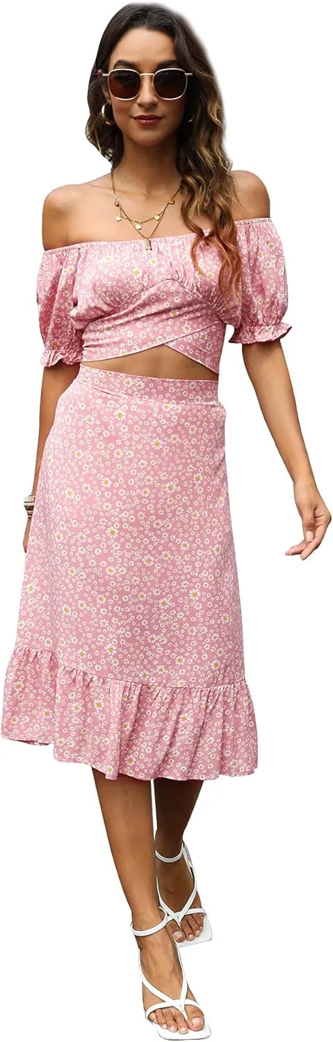 LYANER Women's 2 Piece Outfits Floral Self Tie Knot Crop Top and Midi Skirt Set