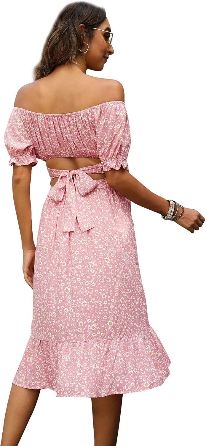 LYANER Women's 2 Piece Outfits Floral Self Tie Knot Crop Top and Midi Skirt Set