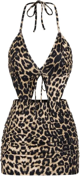 MakeMeChic Women's Y2K Skirt Set Leopard Print Tie Back Halter Crop Top and Ruched Mini Skirt Outfits Set