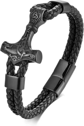 Men Leather Braided Viking Bracelet,Thor's Braided Wristband Gothic Punk Cuff Stainless Steel Buckle Bracelet for Men,21CM/8.2"