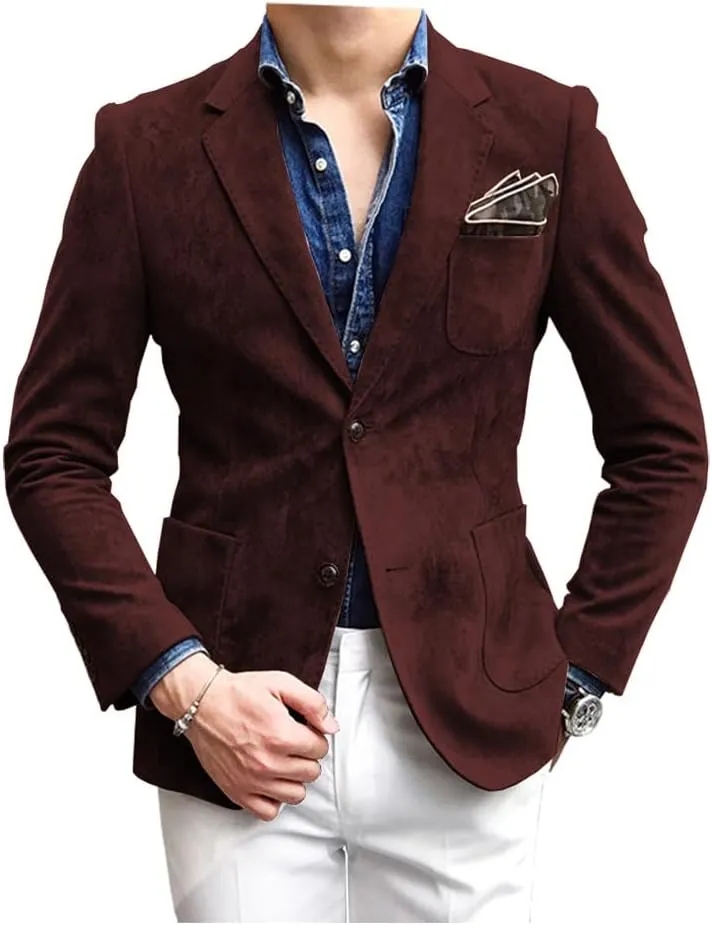 Mens Blazer Suede Jacket Casual 2 Buttons Sport Coat Faux Leather Suit Slim Fit