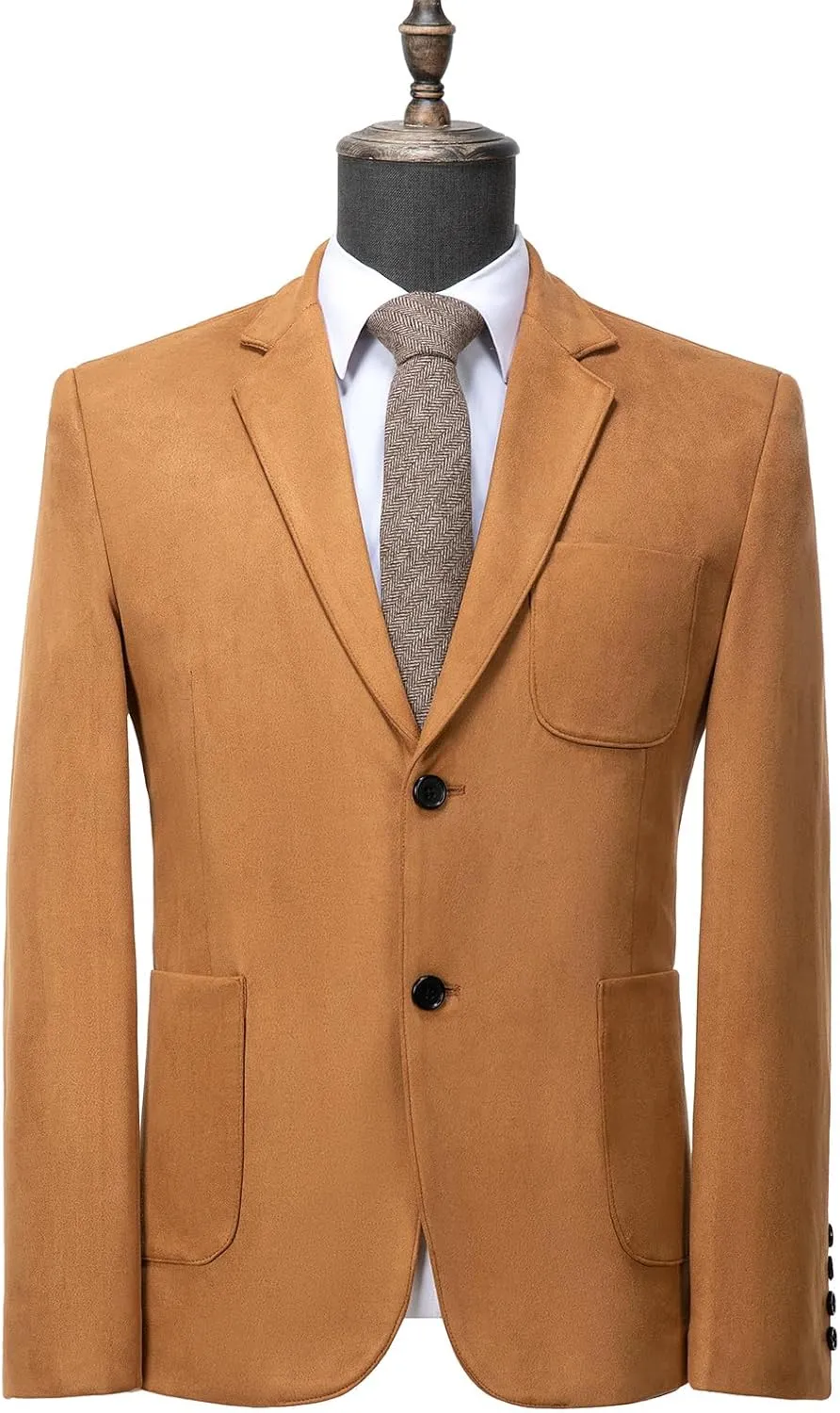 Mens Blazer Suede Jacket Casual 2 Buttons Sport Coat Faux Leather Suit Slim Fit