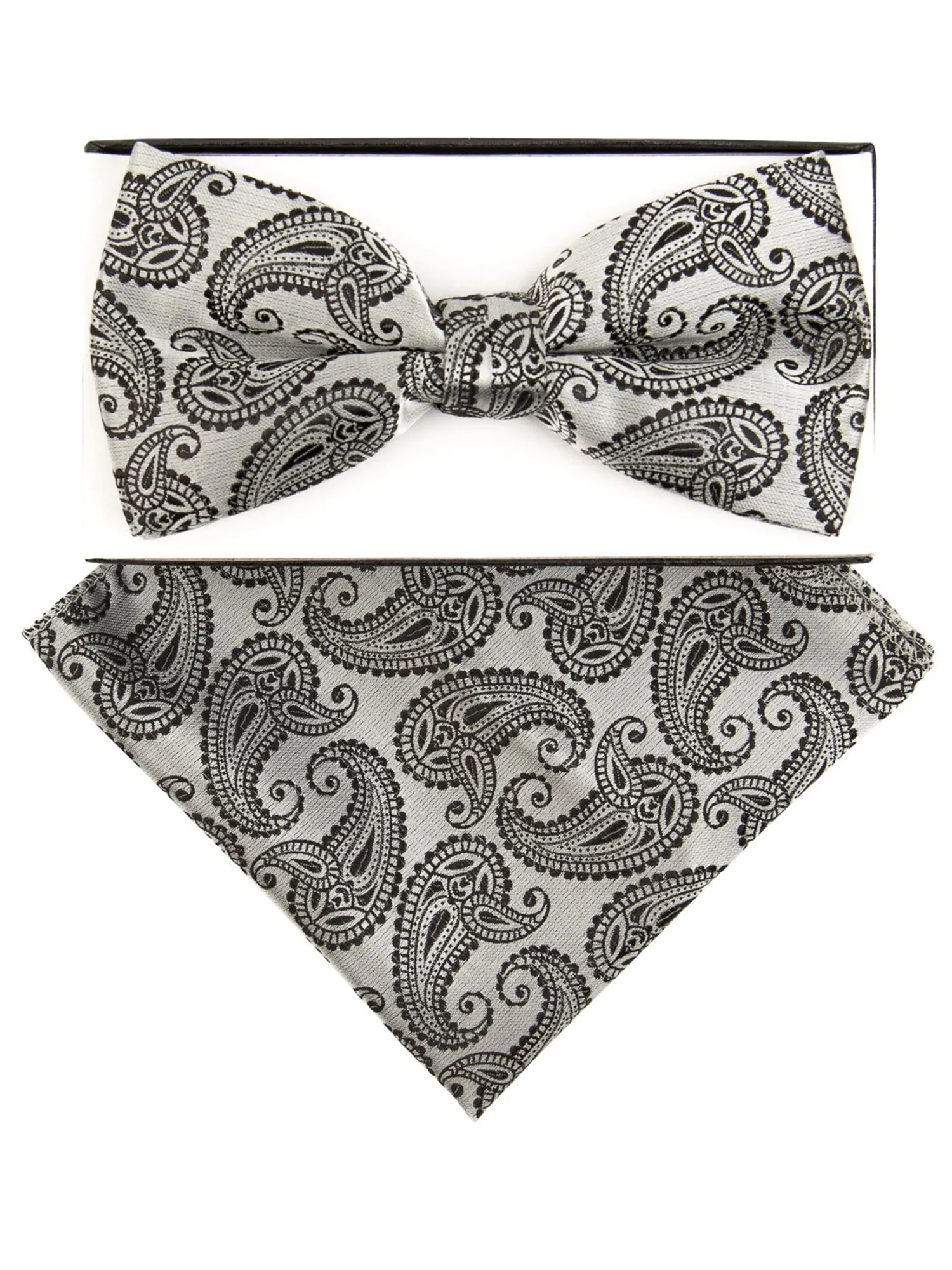 Men's Ivory And Blue Color Paisley Pre-tied Adjustable Bow Tie With Hanky
