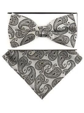 Men's Ivory And Blue Color Paisley Pre-tied Adjustable Bow Tie With Hanky