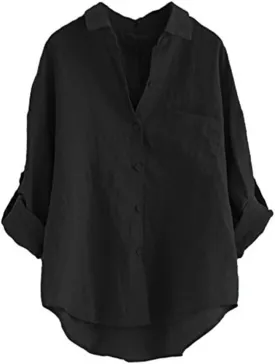 Minibee Women's Linen Blouse High Low Shirt Roll-Up Sleeve Tops