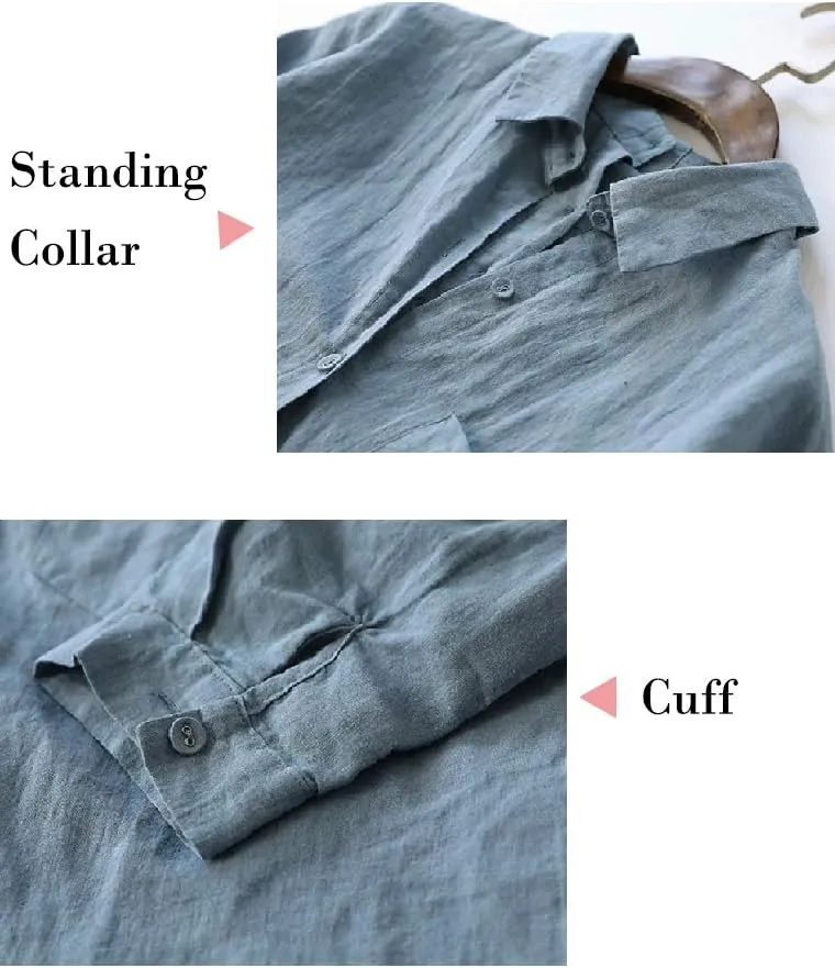 Minibee Women's Linen Blouse High Low Shirt Roll-Up Sleeve Tops