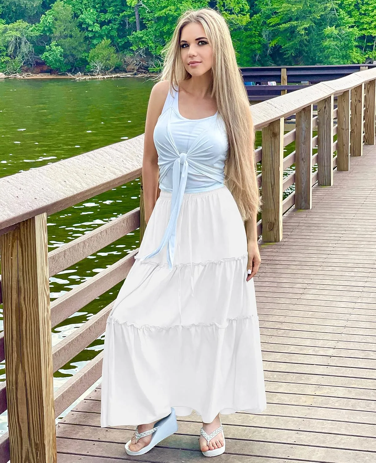 NASHALYLY Skirts for Women Boho Elastic Waisted Drawstring Swing Ruched 3 Tiered Maxi Skirt with Pockets