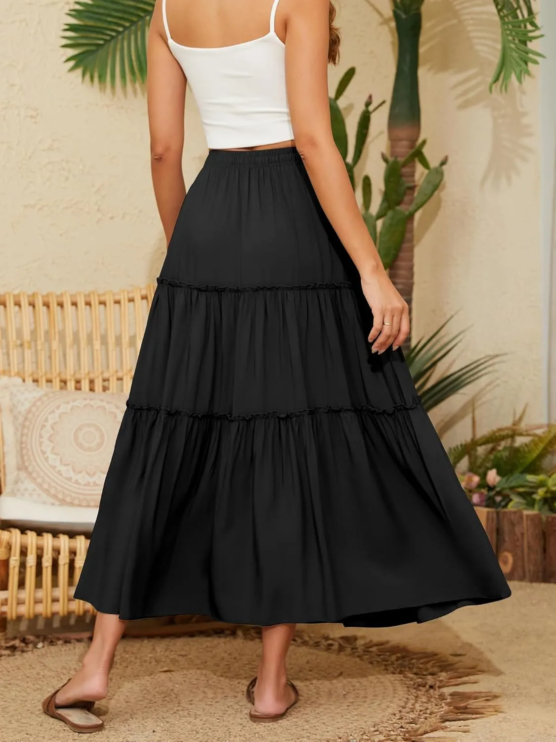NASHALYLY Skirts for Women Boho Elastic Waisted Drawstring Swing Ruched 3 Tiered Maxi Skirt with Pockets