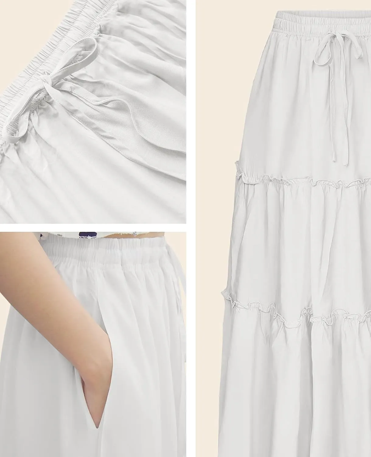 NASHALYLY Skirts for Women Boho Elastic Waisted Drawstring Swing Ruched 3 Tiered Maxi Skirt with Pockets