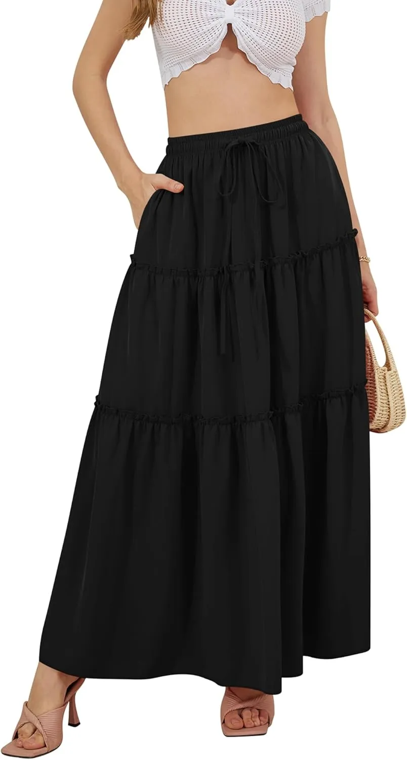 NASHALYLY Skirts for Women Boho Elastic Waisted Drawstring Swing Ruched 3 Tiered Maxi Skirt with Pockets