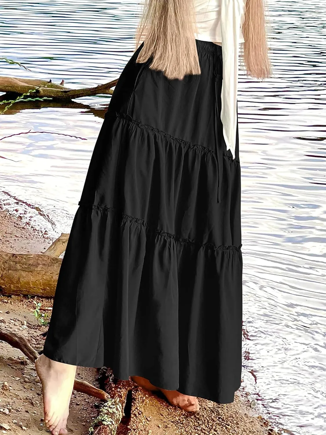 NASHALYLY Skirts for Women Boho Elastic Waisted Drawstring Swing Ruched 3 Tiered Maxi Skirt with Pockets