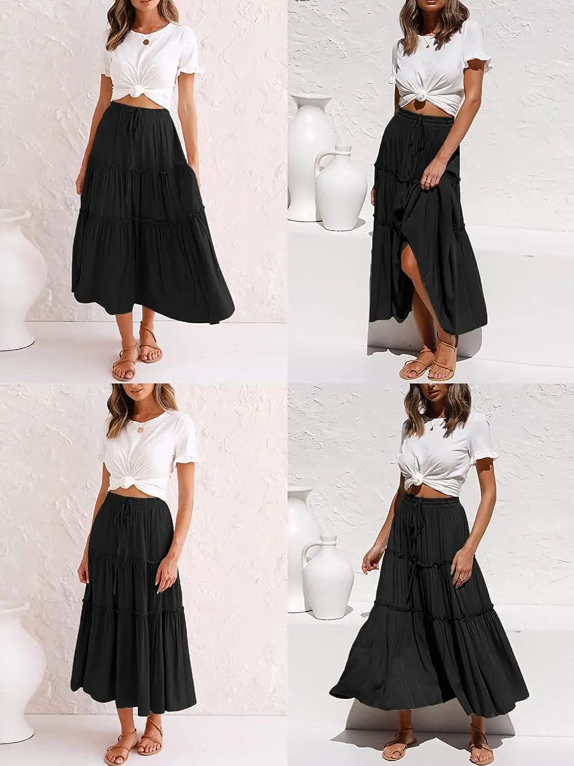 NASHALYLY Skirts for Women Boho Elastic Waisted Drawstring Swing Ruched 3 Tiered Maxi Skirt with Pockets