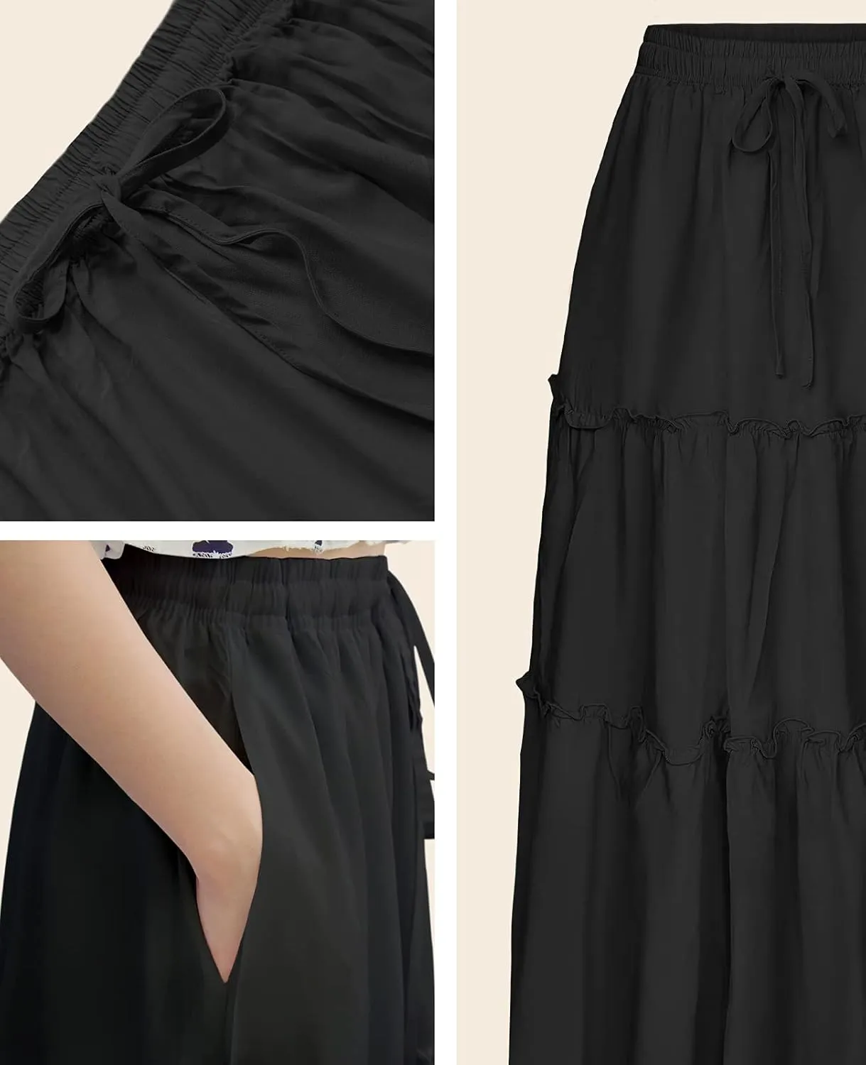 NASHALYLY Skirts for Women Boho Elastic Waisted Drawstring Swing Ruched 3 Tiered Maxi Skirt with Pockets