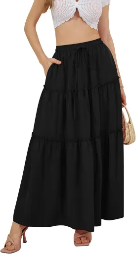 NASHALYLY Skirts for Women Boho Elastic Waisted Drawstring Swing Ruched 3 Tiered Maxi Skirt with Pockets