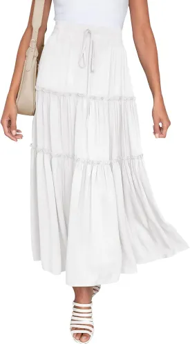 NASHALYLY Skirts for Women Boho Elastic Waisted Drawstring Swing Ruched 3 Tiered Maxi Skirt with Pockets