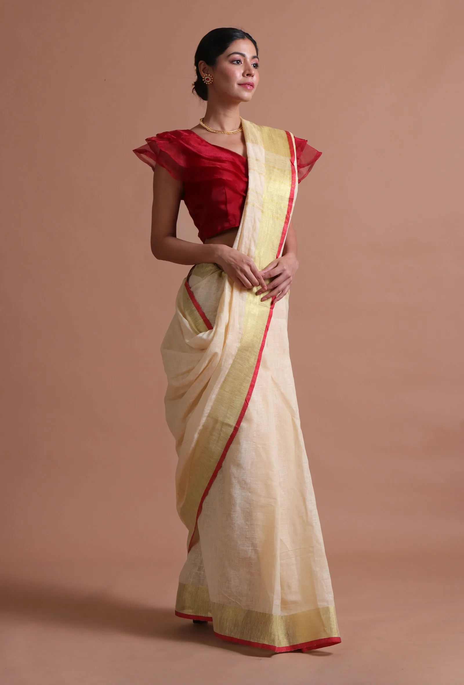 Off White Color Cotton Linen Saree With Unstitched Blouse