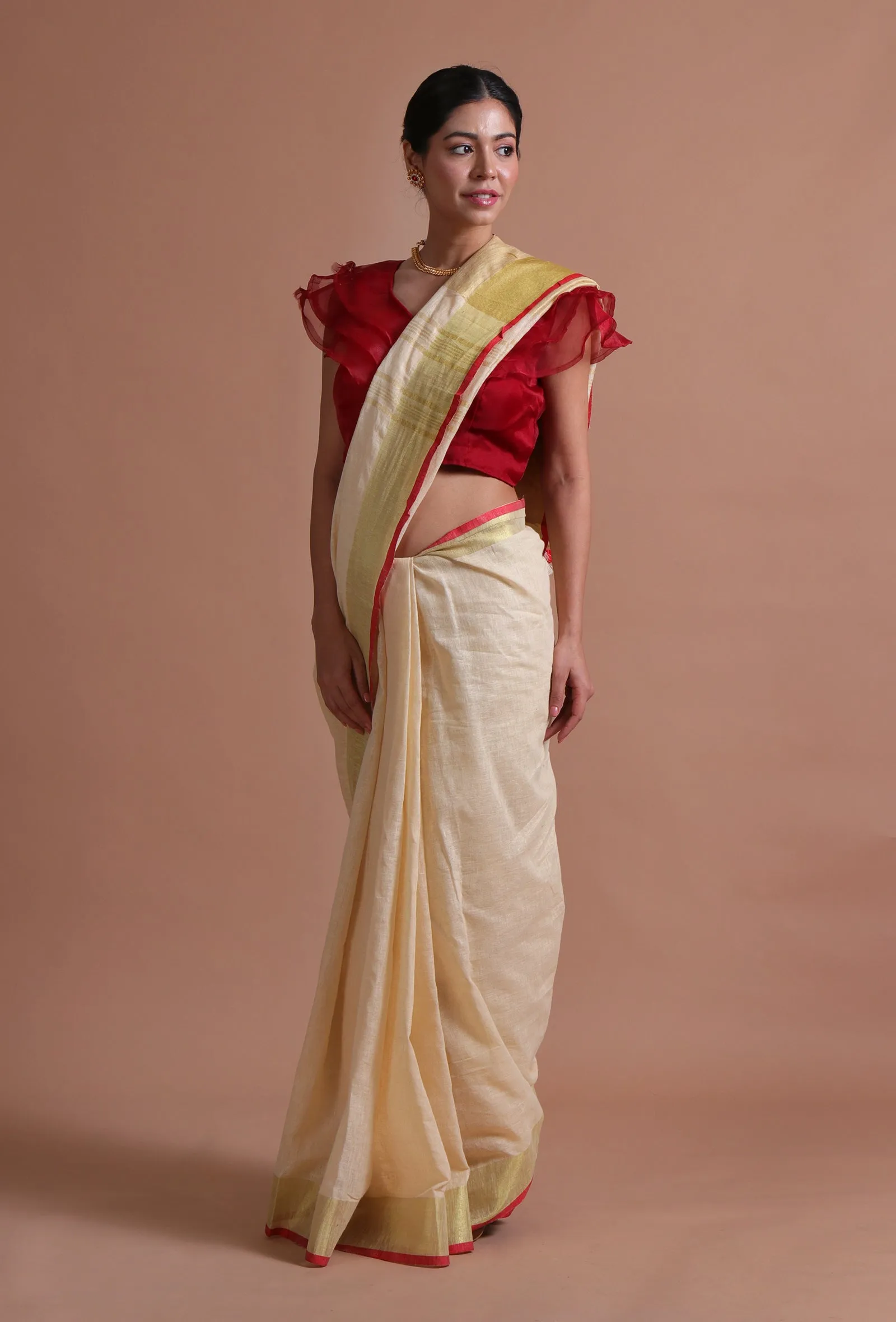 Off White Color Cotton Linen Saree With Unstitched Blouse