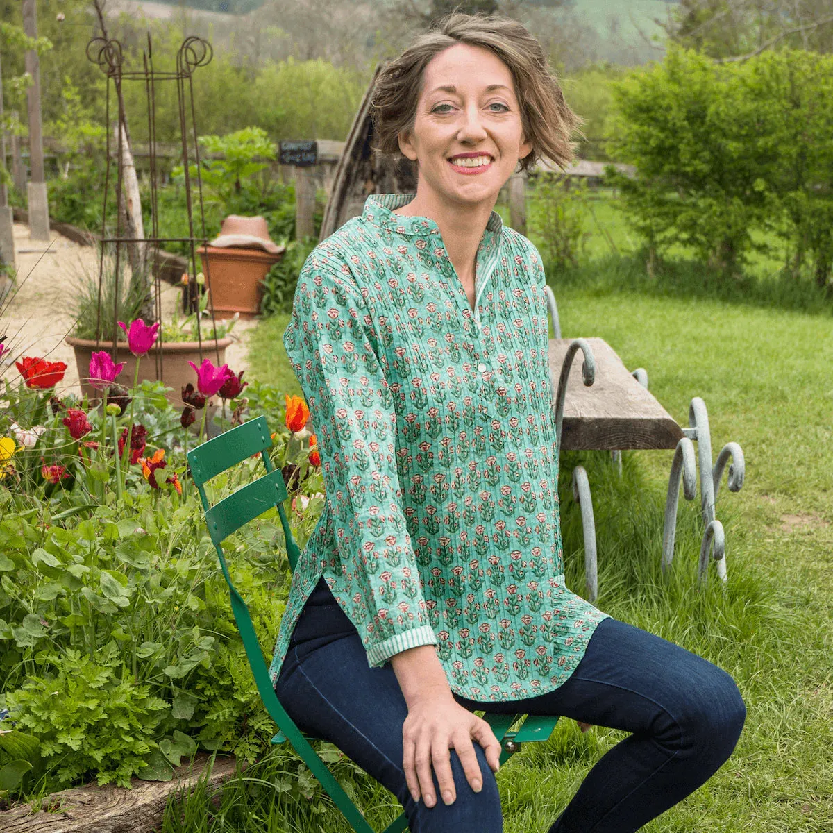 Pintuck Cotton Top | Mint Flower