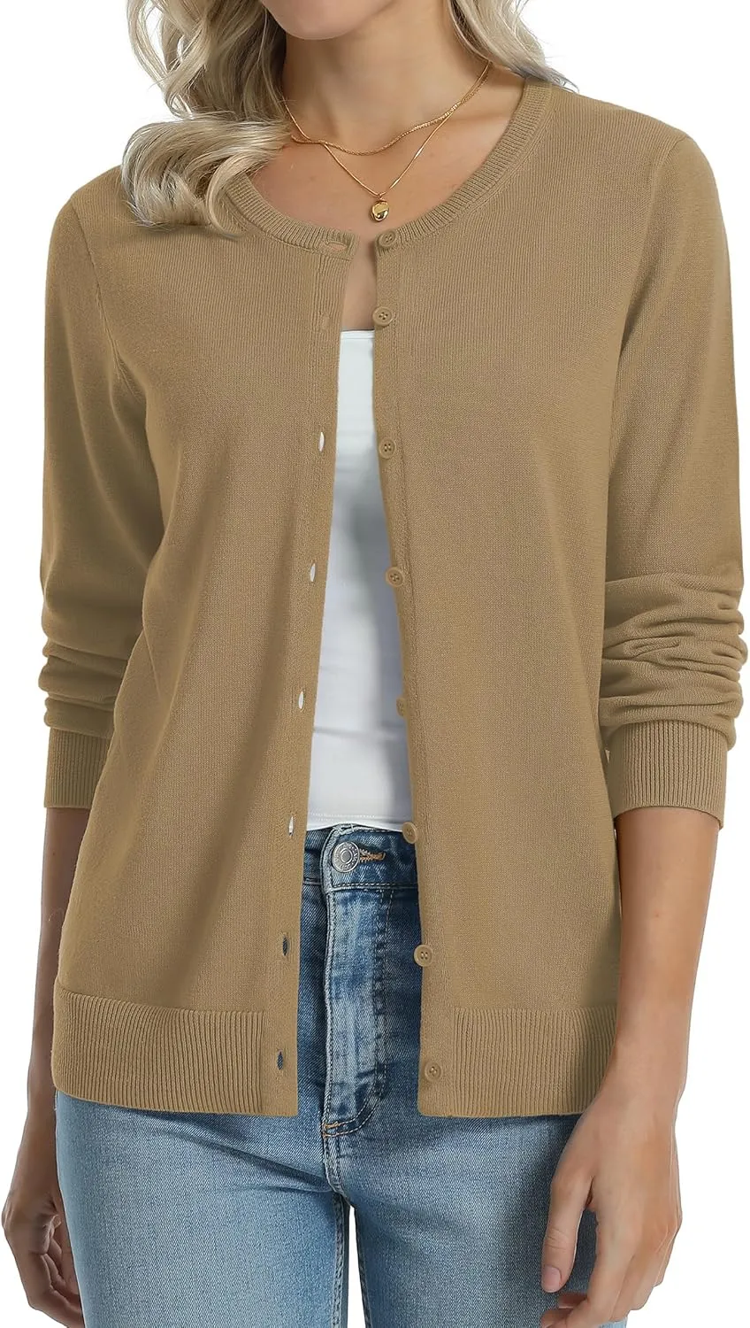 QUALFORT Women's 100% Cotton Lightweight Cardigans Long Sleeve Knitted Button Down Sweater