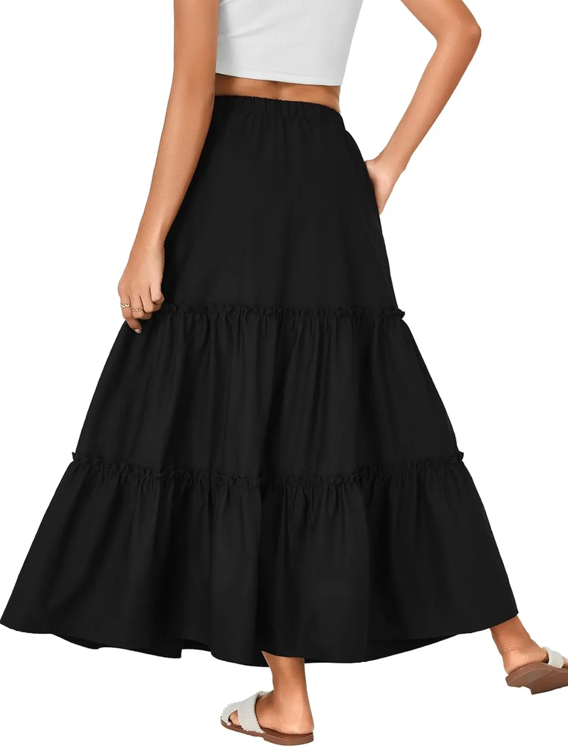 Rooscier Women's Boho Maxi Skirt Flowy Tiered Elastic High Waist Beach Long Skirts with Pockets