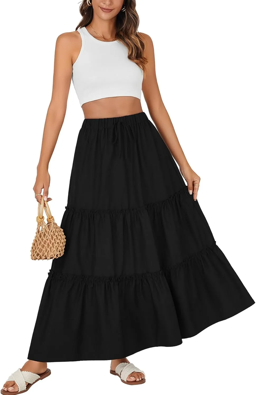 Rooscier Women's Boho Maxi Skirt Flowy Tiered Elastic High Waist Beach Long Skirts with Pockets