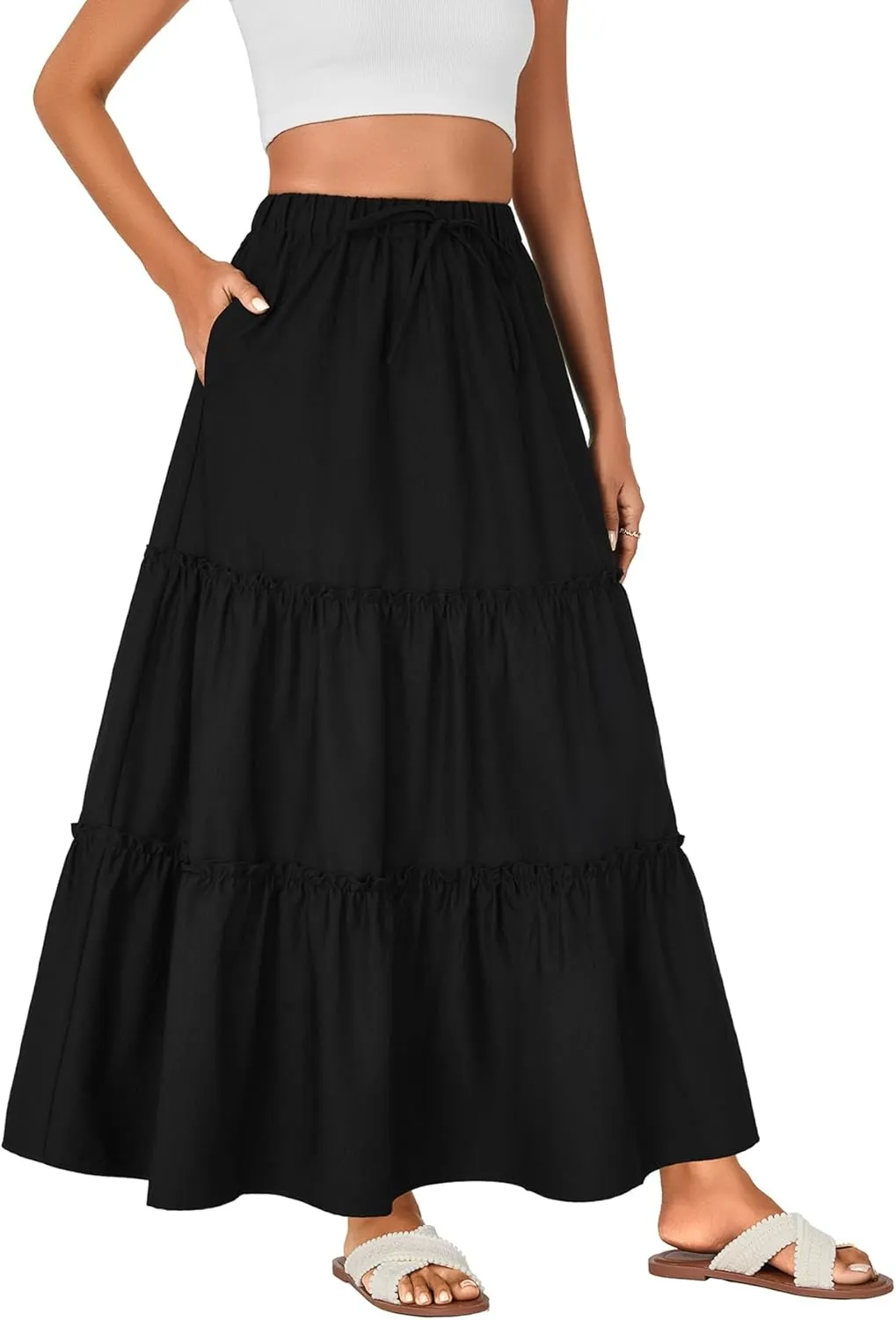 Rooscier Women's Boho Maxi Skirt Flowy Tiered Elastic High Waist Beach Long Skirts with Pockets