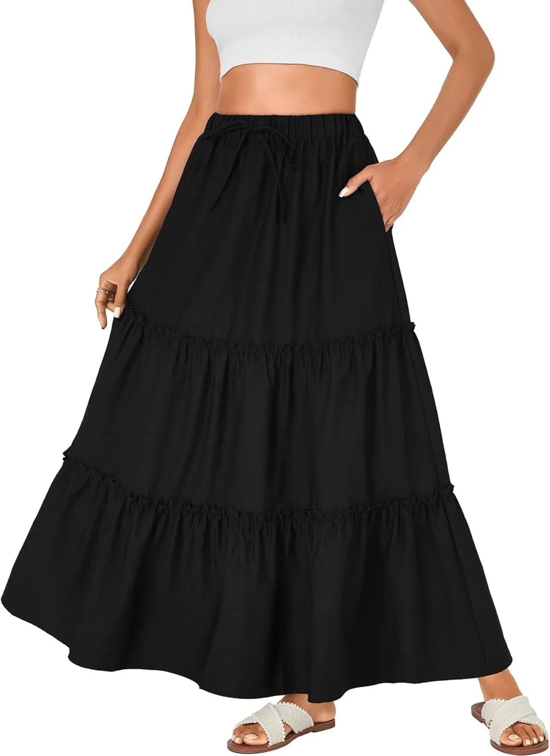 Rooscier Women's Boho Maxi Skirt Flowy Tiered Elastic High Waist Beach Long Skirts with Pockets