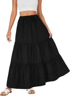 Rooscier Women's Boho Maxi Skirt Flowy Tiered Elastic High Waist Beach Long Skirts with Pockets