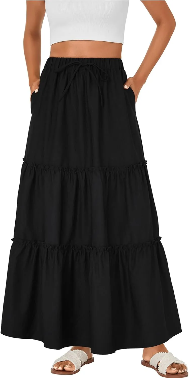 Rooscier Women's Boho Maxi Skirt Flowy Tiered Elastic High Waist Beach Long Skirts with Pockets
