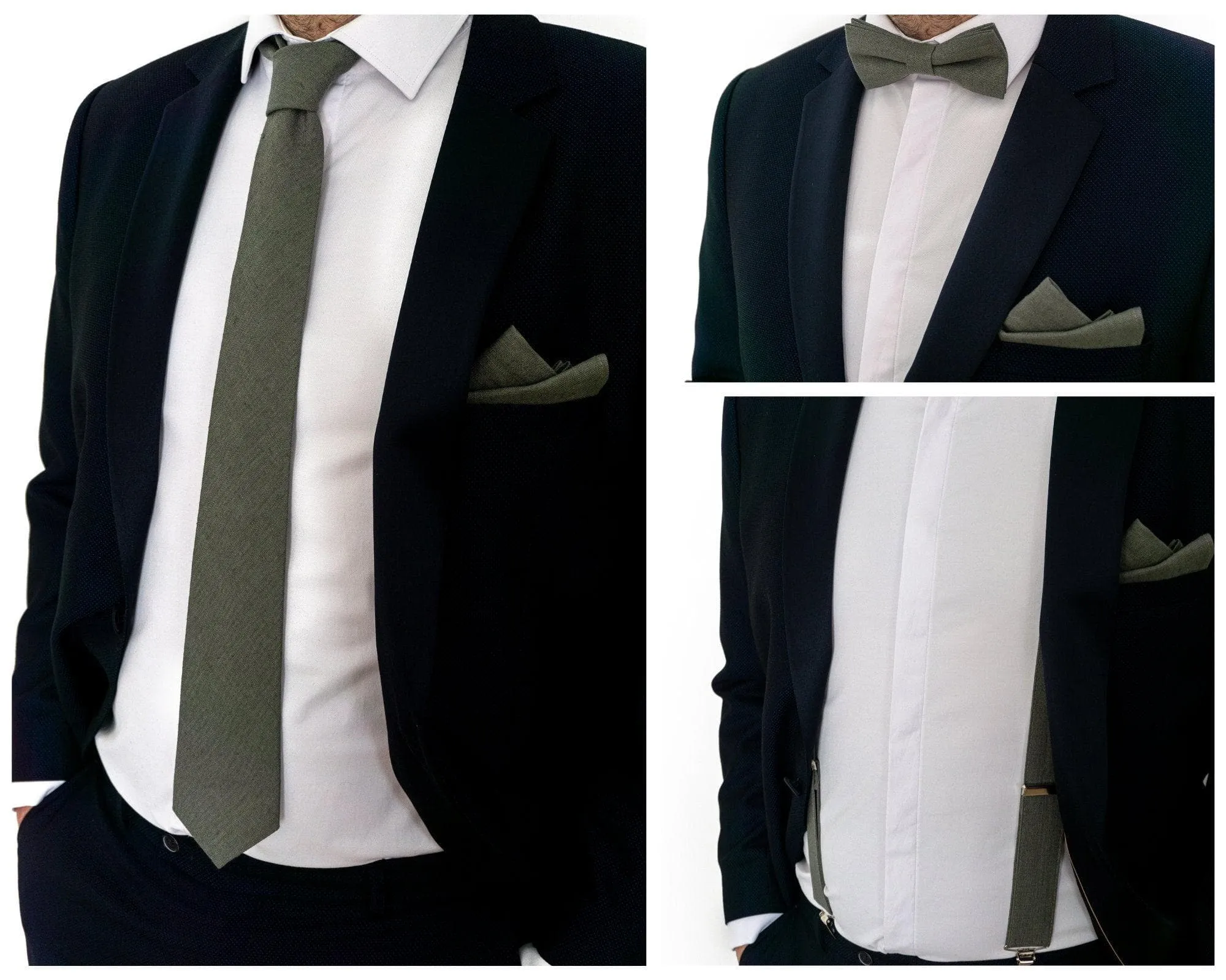 Sage Green Suspenders & Bow Tie Set - Linen & Faux Leather for Weddings