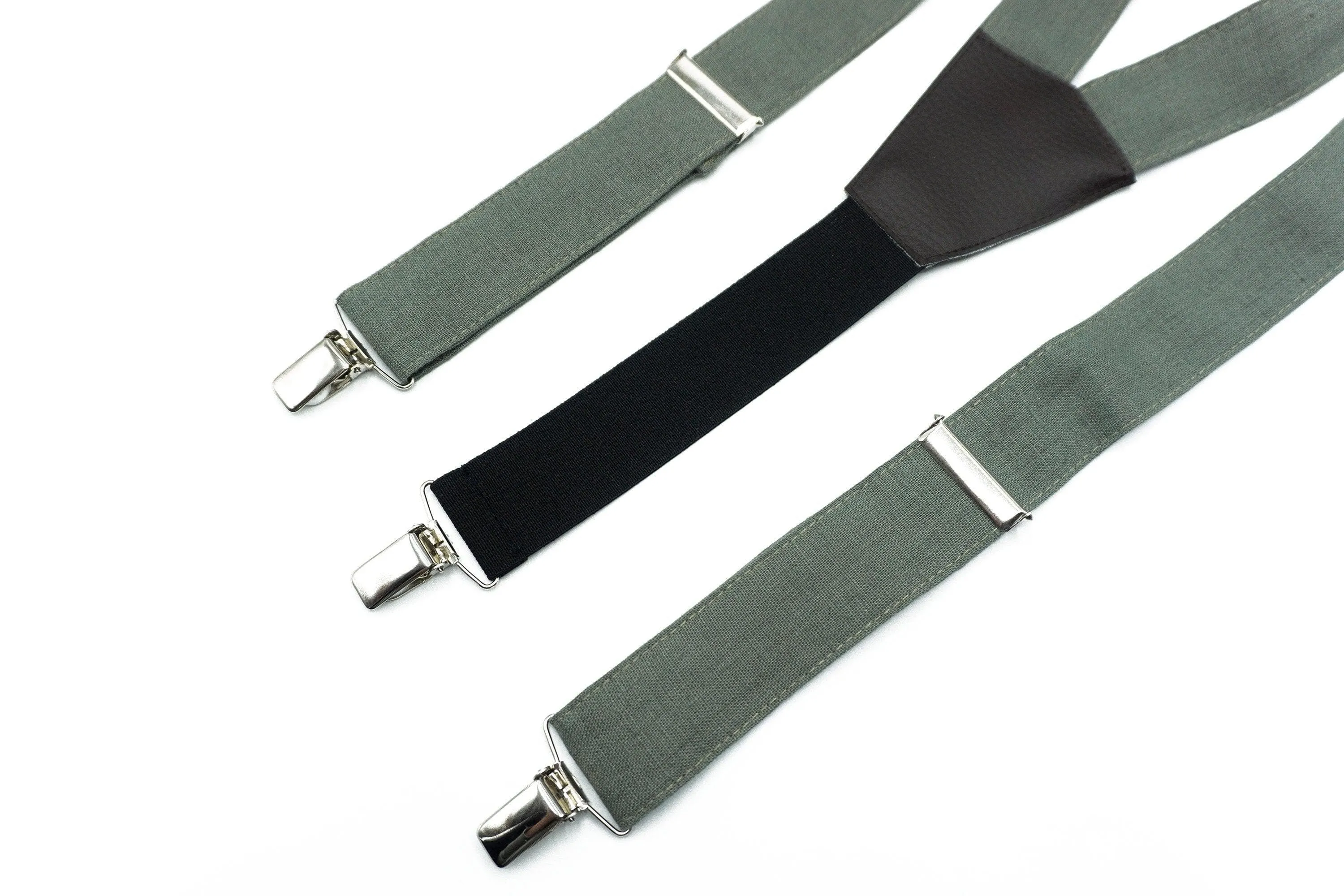 Sage Green Suspenders & Bow Tie Set - Linen & Faux Leather for Weddings