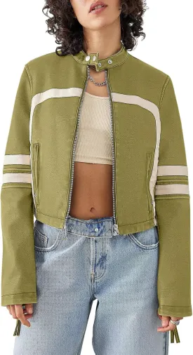 Saodimallsu Womens Faux Leather Jackets Zip Up Stand Collar Cropped Motocross PU Coats