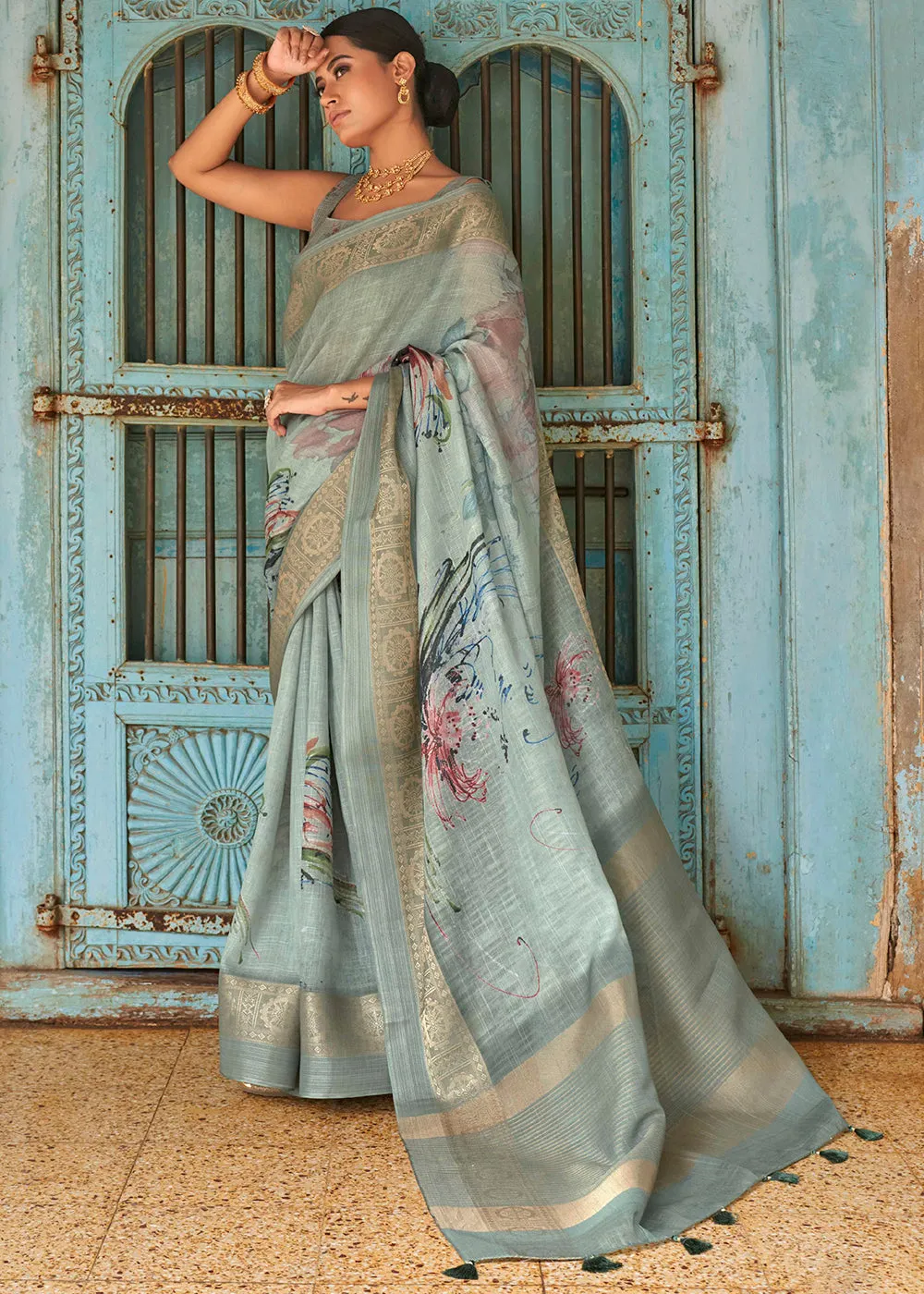 Shades Of Green Floral Printed linen Saree with Zari Border