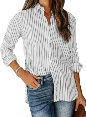 siliteelon Womens Button Down Shirts Cotton Striped Dress Shirt Long Sleeve Collared Office Work Blouses Tops