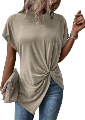 Verdusa Women's Casual Twist Front Asymmetrical Hem Short Sleeve Tee Top
