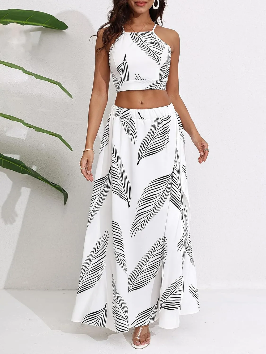 Women's 2 Piece Outfits Tropical Print Beach Outfits Tie Cami Crop Top and Split Maxi Skirt Sets Vacation Resort Wear