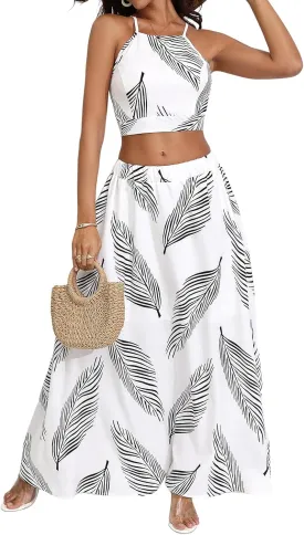 Women's 2 Piece Outfits Tropical Print Beach Outfits Tie Cami Crop Top and Split Maxi Skirt Sets Vacation Resort Wear