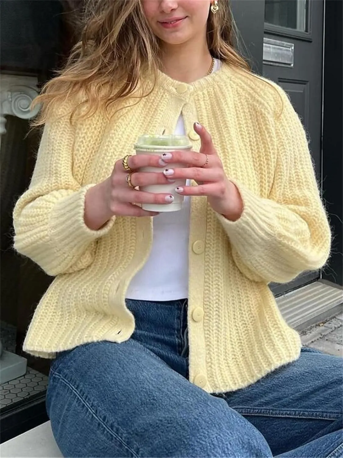 Women's Casual Puff Long Sleeve Crew Neck Cardigan Button Down Open Front Knit Loose Sweater Outwear