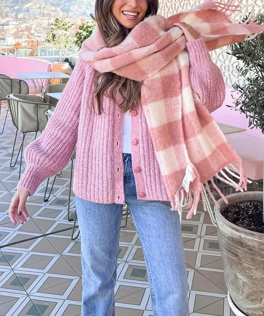 Women's Casual Puff Long Sleeve Crew Neck Cardigan Button Down Open Front Knit Loose Sweater Outwear