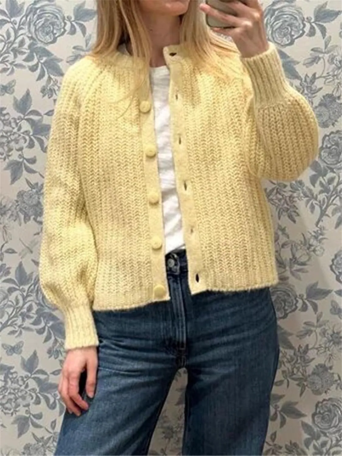 Women's Casual Puff Long Sleeve Crew Neck Cardigan Button Down Open Front Knit Loose Sweater Outwear
